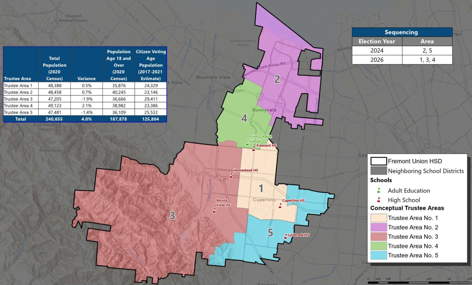 Map of FUHSD Trustee Areas — Area 4 highlighted in green, Sunnyvale, CA